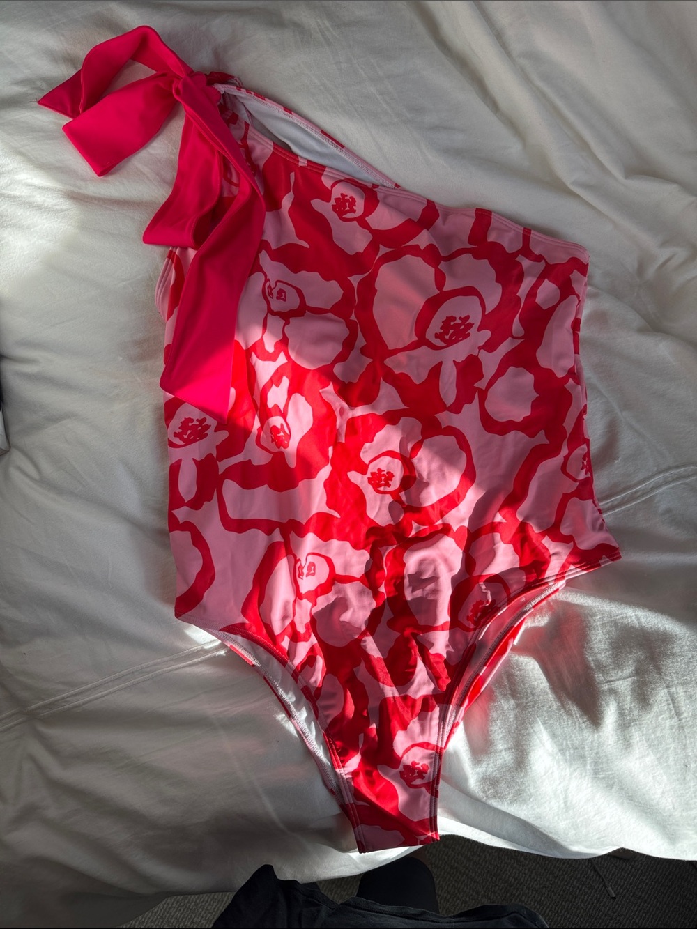 Woman’s One-Shoulder Floral Swimsuit in Pink & Red with Bow on the Shoulder